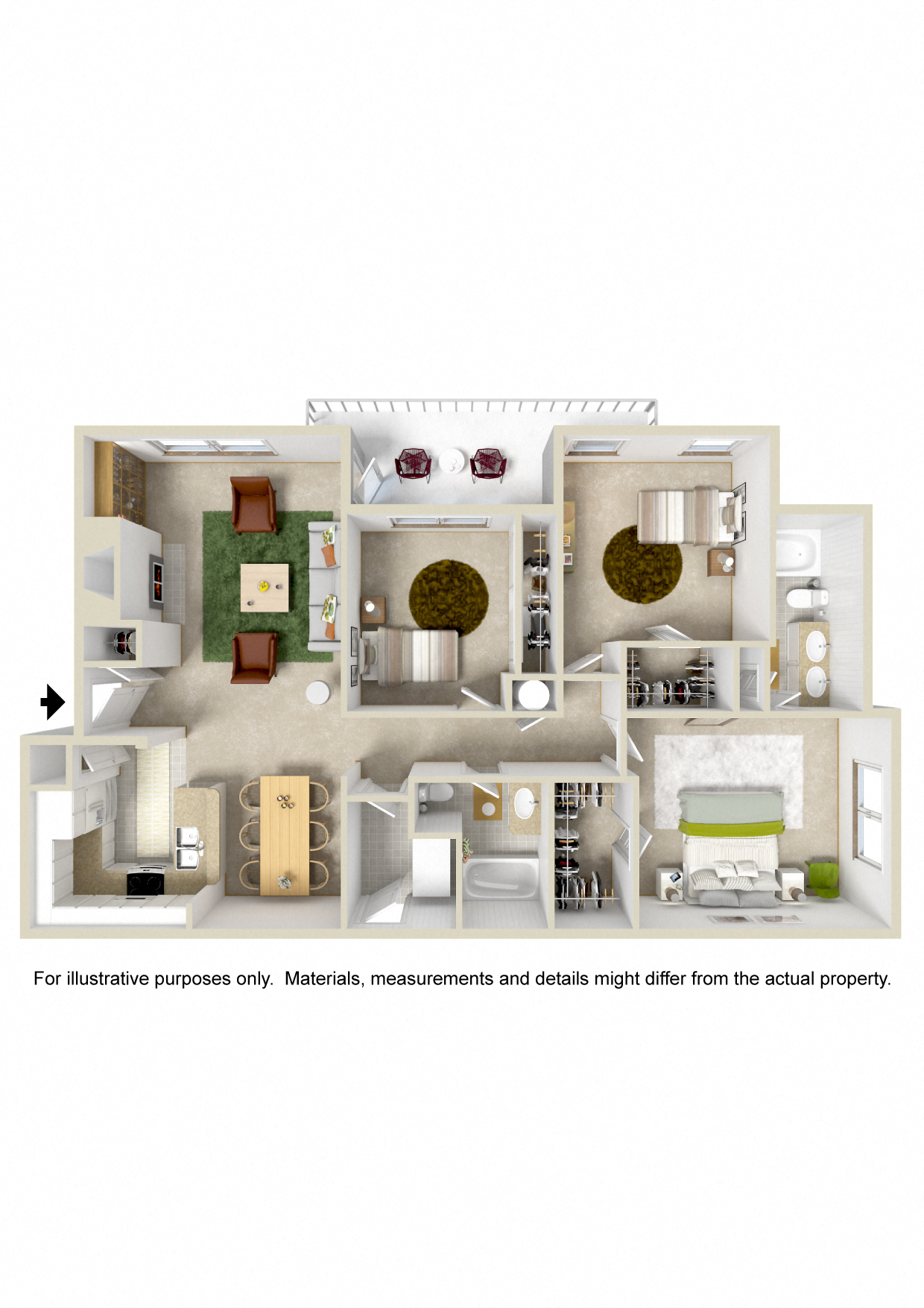 Floor plan for 3 beds, 2 baths, 1341 sqft